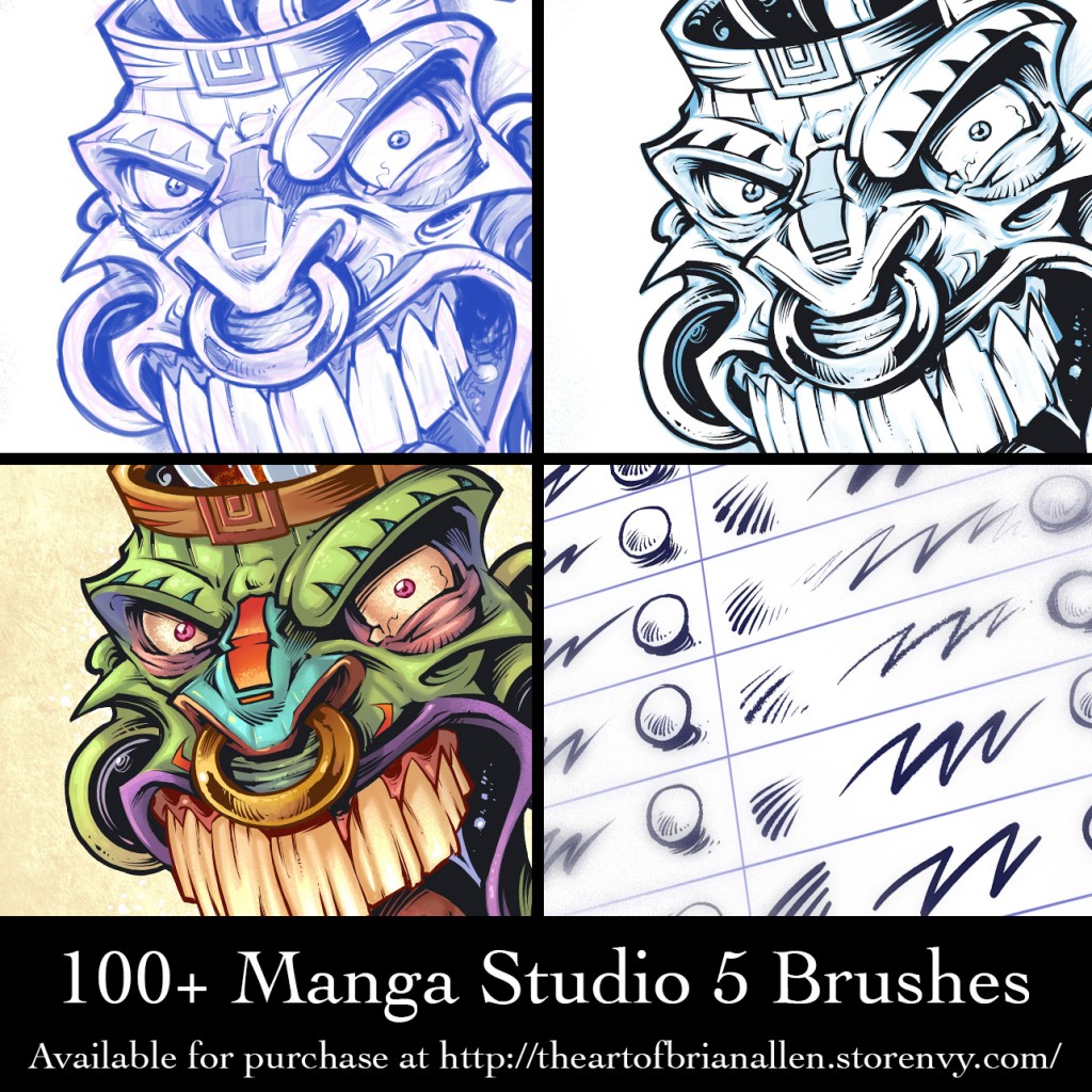 I created this set of over 100 custom brushes for Manga Studio 5 (Clip Studio Paint) available for download for only $2.99.   This video quickly walks you through each set of brushes and shows them in use. Included in the pack are -14 Inking Brushes -18 Paint Brushes -12 Pencil Brushes -5 Shading Brushes -16 Splatter Brushes -20+ Special Pattern Brushes -22 Texture Brushes  The brushes are useful for all styles of illustration.  As a freelance digital illustrator, I use them primarily for Comic Book illustration, t-shirt design, logo design, character and concept illustration, sketching, and painting.